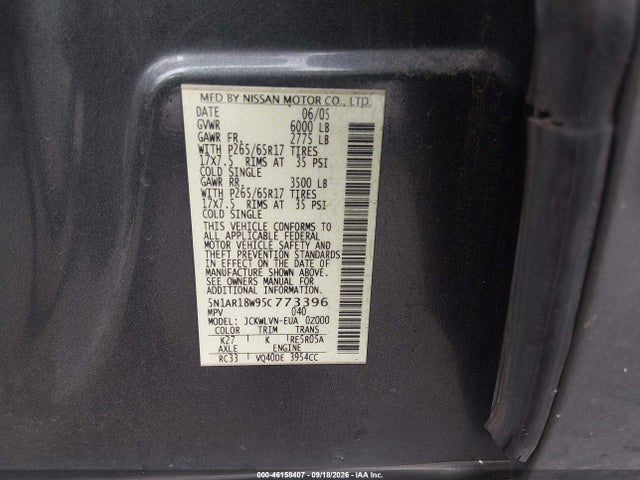 46158407 :رقم المزاد ، 5N1AR18W95C773396 vin ، 2005 Nissan Pathfinder Le مزاد بيع