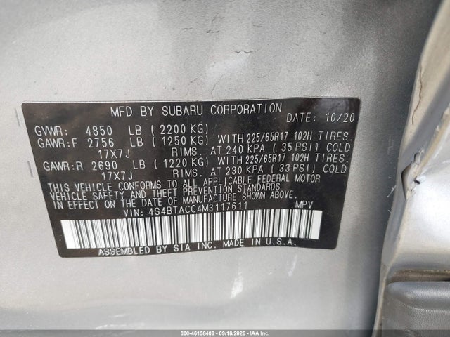 2021 Subaru Outback Premium მანქანა იყიდება აუქციონზე, vin: 4S4BTACC4M3117611, აუქციონის ნომერი: 46158409