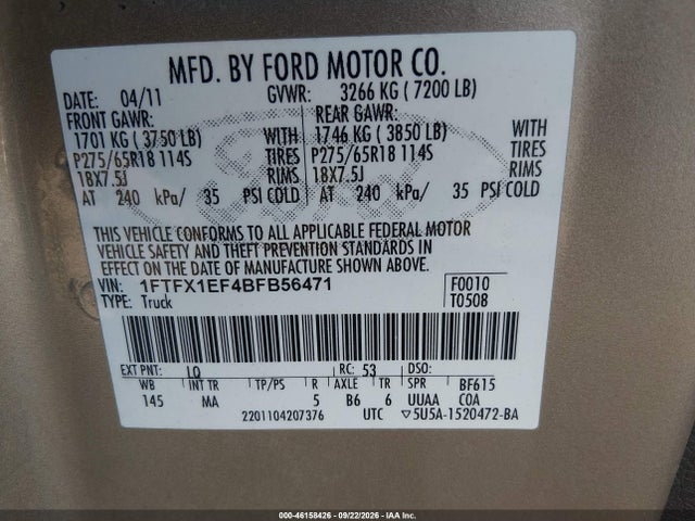 Продажа на аукционе авто 2011 Ford F-150 Xlt, vin: 1FTFX1EF4BFB56471, номер лота: 46158426