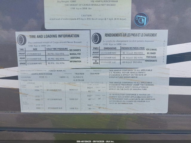 Продаж на аукціоні авто 2012 Forest River Thunderbolt, vin: 4X4FXLS35C5155448, номер лоту: 46158428