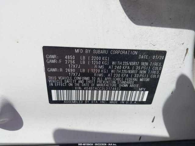 Aukcja sprzedaży 2020 Subaru Outback Premium, vin: 4S4BTACC3L3174817, numer aukcji: 46158434