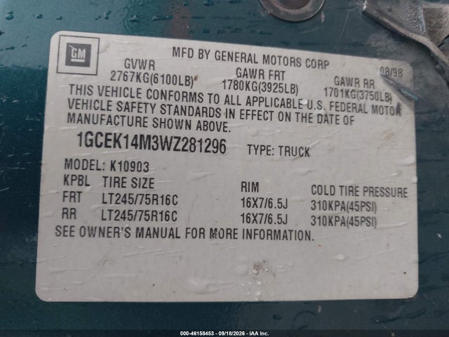 46158453 :رقم المزاد ، 1GCEK14M3WZ281296 vin ، 1998 Chevrolet K1500 Fleetside مزاد بيع
