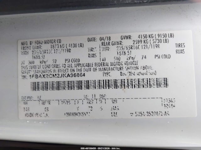 46158459 :رقم المزاد ، 1FBAX2CM2JKA96864 vin ، 2018 Ford Transit-350 Xlt مزاد بيع