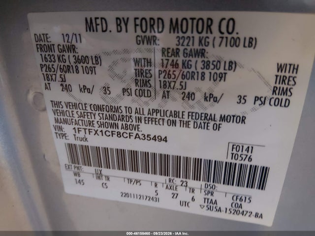 46158460 :رقم المزاد ، 1FTFX1CF8CFA35494 vin ، 2012 Ford F-150 Stx مزاد بيع