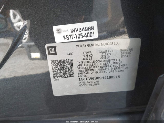 46158461 :رقم المزاد ، 1G1FW6S09H4160318 vin ، 2017 Chevrolet Bolt Ev Lt مزاد بيع