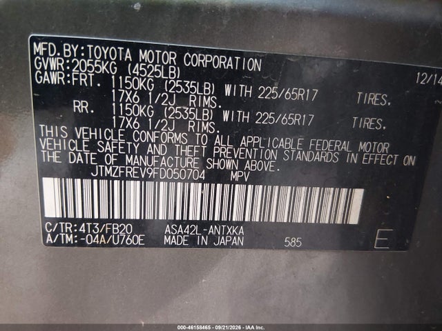 46158465 :رقم المزاد ، JTMZFREV9FD050704 vin ، 2015 Toyota Rav4 Le مزاد بيع