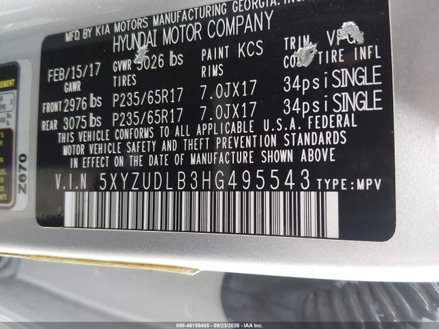 Aukcja sprzedaży 2017 Hyundai Santa Fe Sport 2.4l, vin: 5XYZUDLB3HG495543, numer aukcji: 46158485