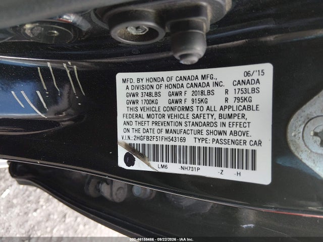 Продаж на аукціоні авто 2015 Honda Civic Lx, vin: 2HGFB2F51FH543169, номер лоту: 46158486
