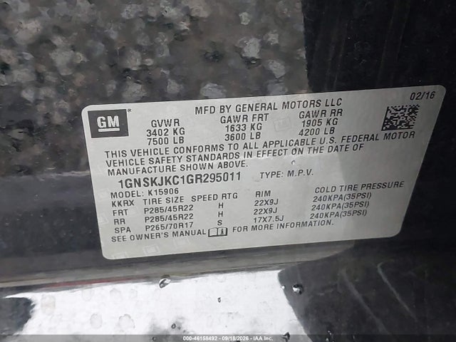 2016 Chevrolet Suburban Ltz მანქანა იყიდება აუქციონზე, vin: 1GNSKJKC1GR295011, აუქციონის ნომერი: 46158492