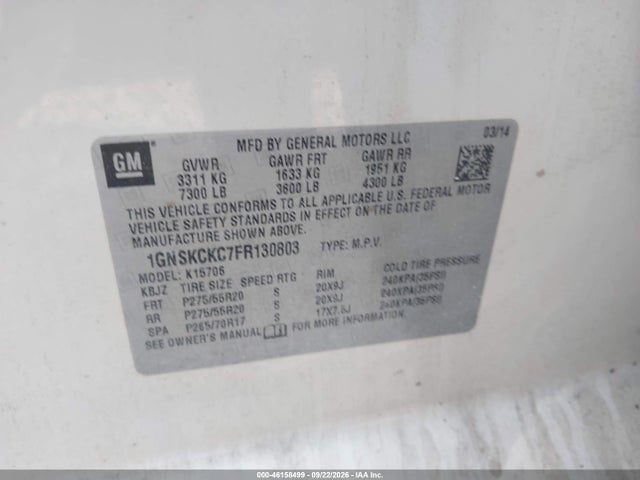 Продажа на аукционе авто 2015 Chevrolet Tahoe Ltz, vin: 1GNSKCKC7FR130803, номер лота: 46158499