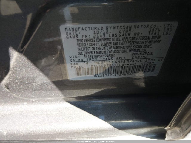 46158500 :رقم المزاد ، 3N1AB7AP5KY246380 vin ، 2019 Nissan Sentra Sv مزاد بيع