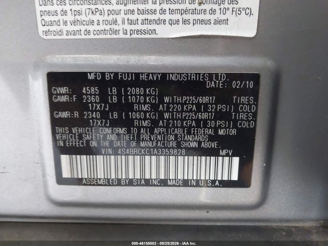 Aukcja sprzedaży 2010 Subaru Outback 2.5i Limited, vin: 4S4BRCKC1A3359828, numer aukcji: 46158502