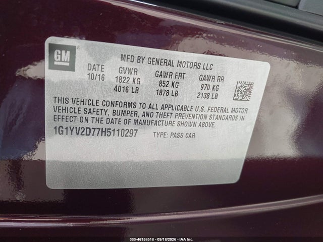 Продаж на аукціоні авто 2017 Chevrolet Corvette Grand Sport, vin: 1G1YV2D77H5110297, номер лоту: 46158518