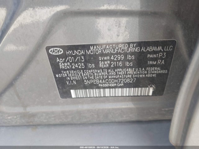 Продажа на аукционе авто 2013 Hyundai Sonata Gls, vin: 5NPEB4AC0DH720827, номер лота: 46158539