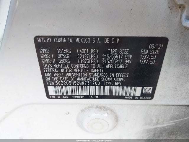 Продаж на аукціоні авто 2021 Honda Hr-v 2wd Ex, vin: 3CZRU5H52MM731700, номер лоту: 46158540