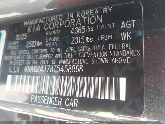 Aukcja sprzedaży 2026 Kia K5 Lxs Fwd, vin: KNAG24J78T5458868, numer aukcji: 46158547