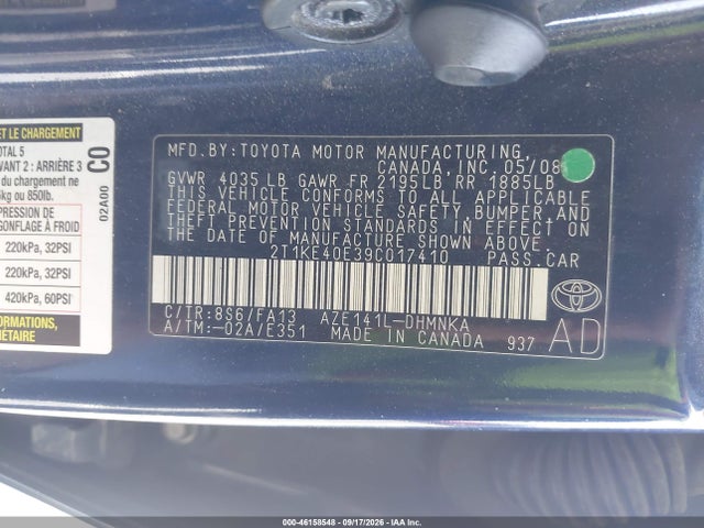 2009 Toyota Matrix S მანქანა იყიდება აუქციონზე, vin: 2T1KE40E39C017410, აუქციონის ნომერი: 46158548