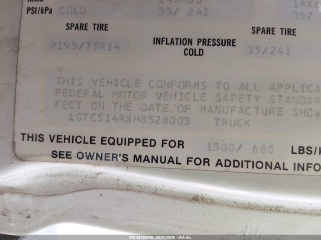 46158556 :رقم المزاد ، 1GTCS14RXH8528003 vin ، 1987 Gmc S Truck S15 مزاد بيع