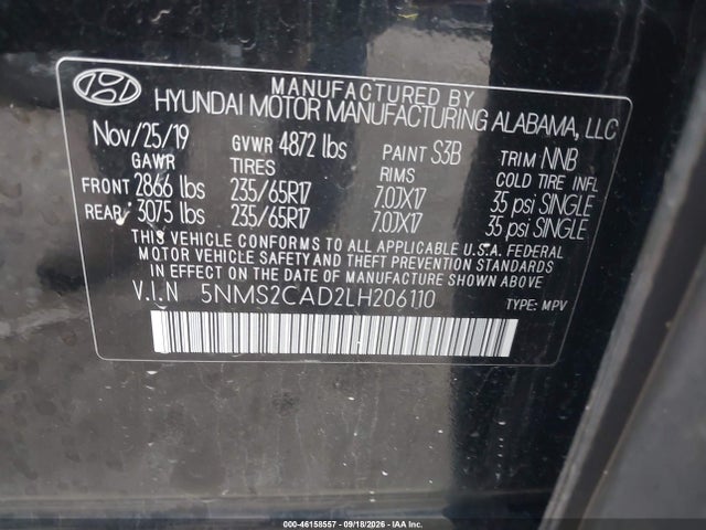 Aukcja sprzedaży 2020 Hyundai Santa Fe Se, vin: 5NMS2CAD2LH206110, numer aukcji: 46158557