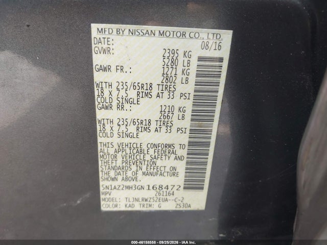 Aukcja sprzedaży 2016 Nissan Murano Sl, vin: 5N1AZ2MH3GN168472, numer aukcji: 46158558