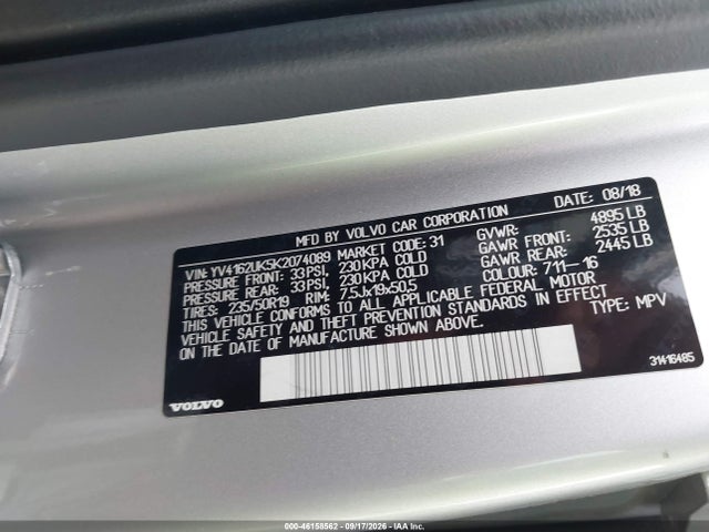 2019 Volvo Xc40 T5 Momentum მანქანა იყიდება აუქციონზე, vin: YV4162UK5K2074089, აუქციონის ნომერი: 46158562
