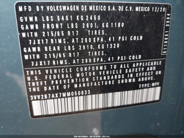 Aukcja sprzedaży 2021 Volkswagen Tiguan 2.0t Se R-line Black/se/sel, vin: 3VV2B7AX7MM050633, numer aukcji: 46158564