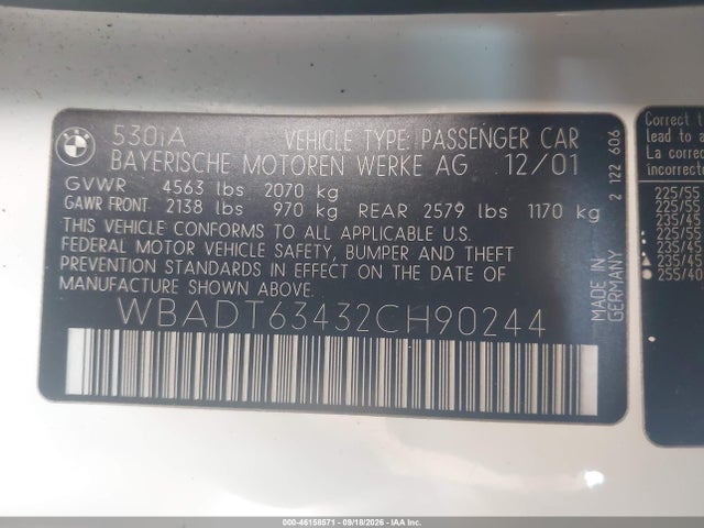 2002 Bmw 530ia მანქანა იყიდება აუქციონზე, vin: WBADT63432CH90244, აუქციონის ნომერი: 46158571