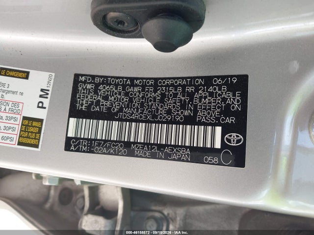 2020 Toyota Corolla Se მანქანა იყიდება აუქციონზე, vin: JTDS4RCEXLJ029190, აუქციონის ნომერი: 46158572