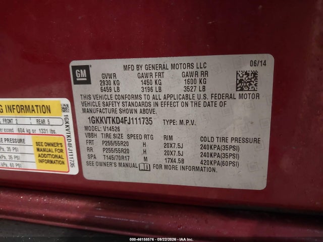 Aukcja sprzedaży 2015 Gmc Acadia Denali, vin: 1GKKVTKD4FJ111735, numer aukcji: 46158576
