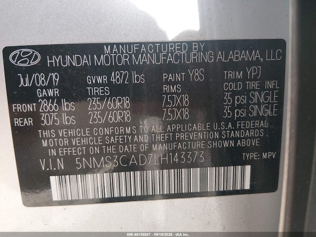 46158587 :رقم المزاد ، 5NMS3CAD7LH143373 vin ، 2020 Hyundai Santa Fe Sel مزاد بيع