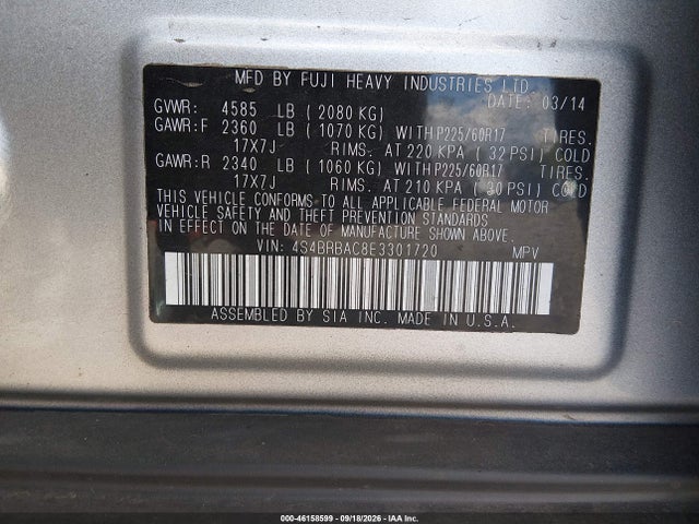 Aukcja sprzedaży 2014 Subaru Outback 2.5i, vin: 4S4BRBAC8E3301720, numer aukcji: 46158599