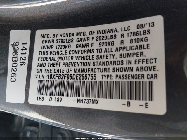 2013 Honda Civic Ex-l მანქანა იყიდება აუქციონზე, vin: 19XFB2F96DE266755, აუქციონის ნომერი: 46158610