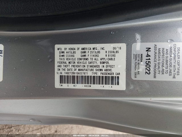 46158621 :رقم المزاد ، 1HGCT2B91GA007671 vin ، 2016 Honda Accord Ex-l V-6 مزاد بيع
