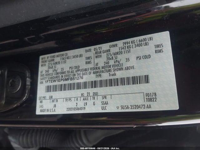 46158646 :رقم المزاد ، 1FTEW1EP0MFB51276 vin ، 2021 Ford F-150 Xl مزاد بيع