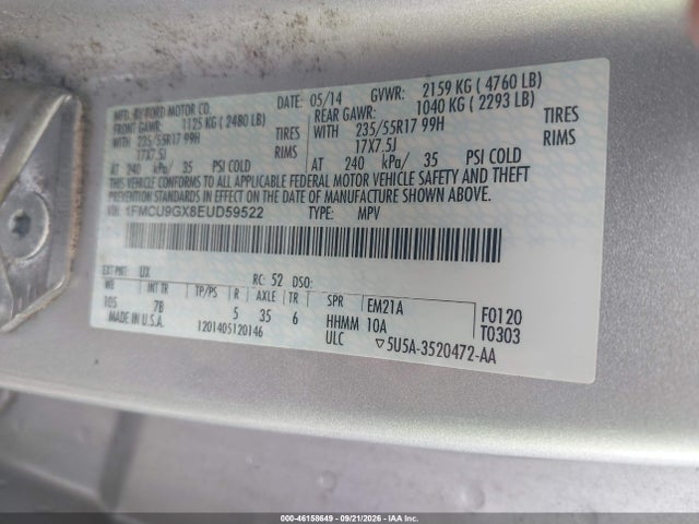 Aukcja sprzedaży 2014 Ford Escape Se, vin: 1FMCU9GX8EUD59522, numer aukcji: 46158649