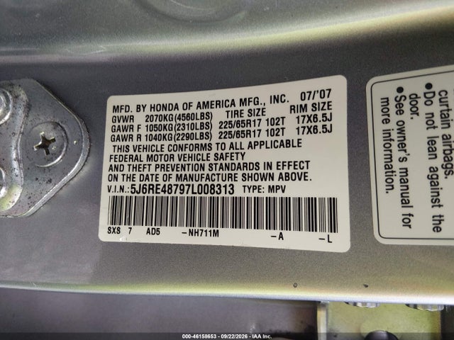 Продаж на аукціоні авто 2007 Honda Cr-v Ex-l, vin: 5J6RE48797L008313, номер лоту: 46158653