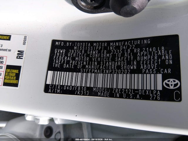 Продаж на аукціоні авто 2022 Toyota Corolla Le, vin: 5YFEPMAEXNP320202, номер лоту: 46158654