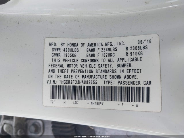 46158667 :رقم المزاد ، 1HGCR2F33HA002655 vin ، 2017 Honda Accord Lx مزاد بيع
