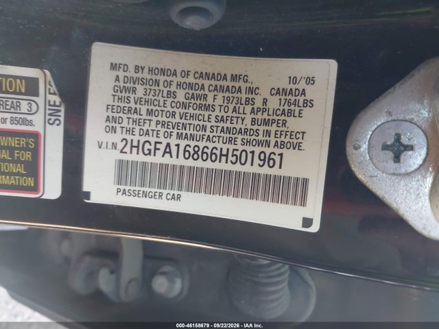 Aukcja sprzedaży 2006 Honda Civic Ex, vin: 2HGFA16866H501961, numer aukcji: 46158679