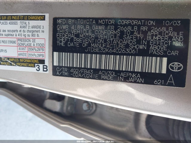 Auction sale of the 2004 Toyota Camry Le, vin: JTDBE32K640263061, lot number: 46158691