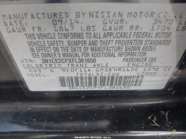 Aukcja sprzedaży 2015 Nissan Versa Note S (sr)/s Plus/sl/sr/sv, vin: 3N1CE2CPXFL381650, numer aukcji: 46158713