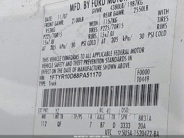 46158714 :رقم المزاد ، 1FTYR10D88PA51170 vin ، 2008 Ford Ranger Xl/xlt مزاد بيع