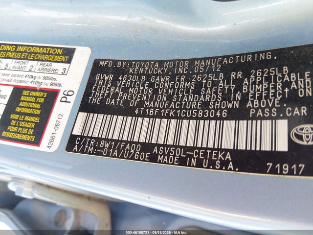 46158721 :رقم المزاد ، 4T1BF1FK1CU583046 vin ، 2012 Toyota Camry L مزاد بيع