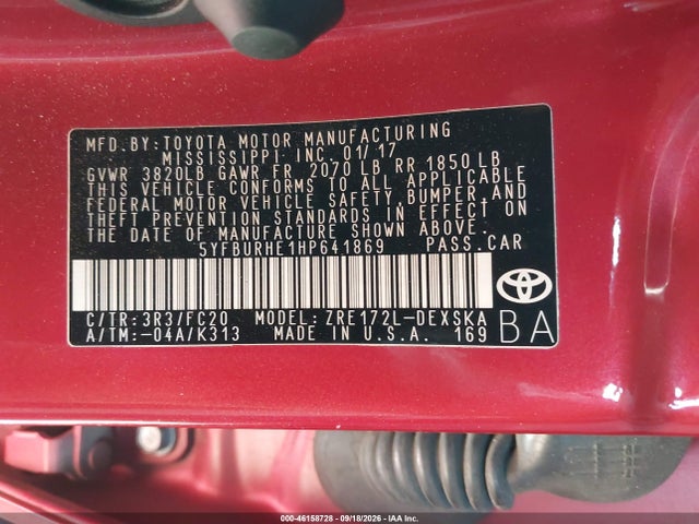 2017 Toyota Corolla Se მანქანა იყიდება აუქციონზე, vin: 5YFBURHE1HP641869, აუქციონის ნომერი: 46158728