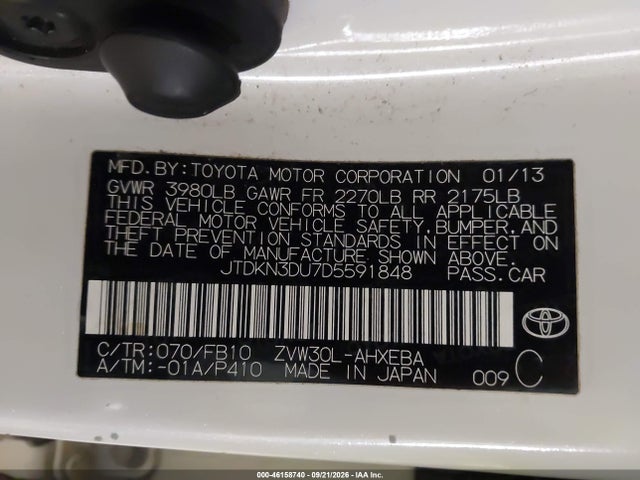 46158740 :رقم المزاد ، JTDKN3DU7D5591848 vin ، 2013 Toyota Prius Two مزاد بيع