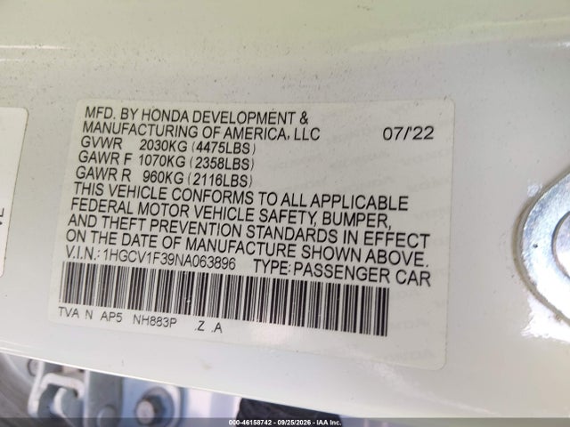 46158742 :رقم المزاد ، 1HGCV1F39NA063896 vin ، 2022 Honda Accord Sport مزاد بيع