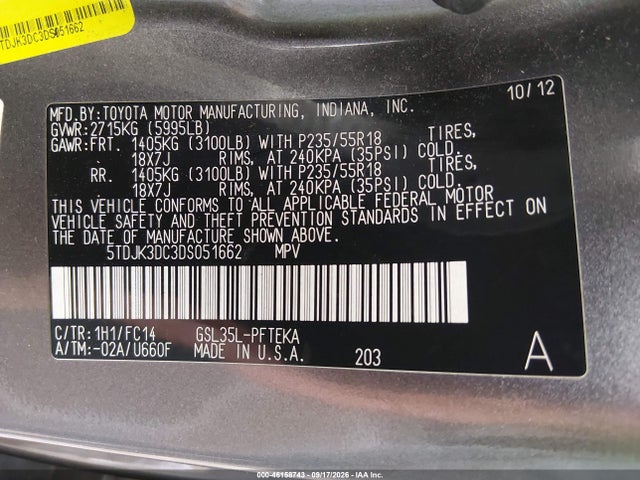 2013 Toyota Sienna Le 7 Passenger მანქანა იყიდება აუქციონზე, vin: 5TDJK3DC3DS051662, აუქციონის ნომერი: 46158743