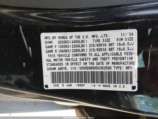 46158746 :رقم المزاد ، SHSRD685X5U302590 vin ، 2005 Honda Cr-v Lx مزاد بيع