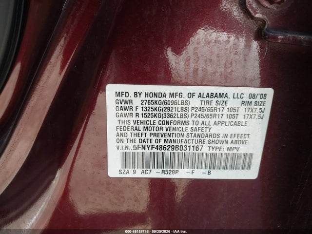 2009 Honda Pilot Ex-l მანქანა იყიდება აუქციონზე, vin: 5FNYF48629B031167, აუქციონის ნომერი: 46158748