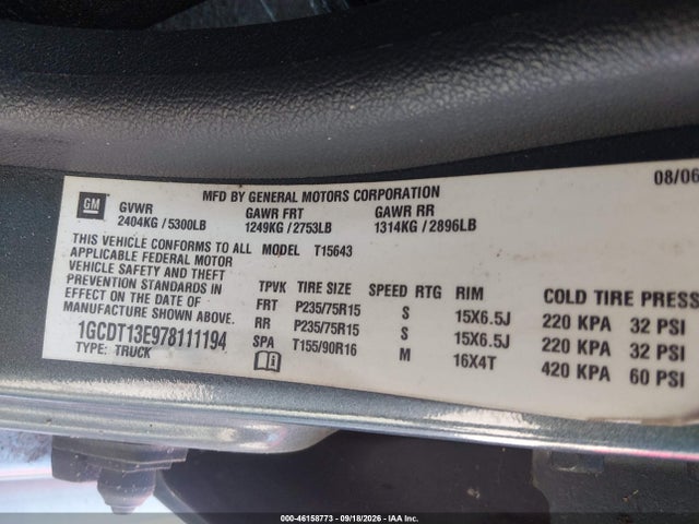 Продажа на аукционе авто 2007 Chevrolet Colorado Lt, vin: 1GCDT13E978111194, номер лота: 46158773